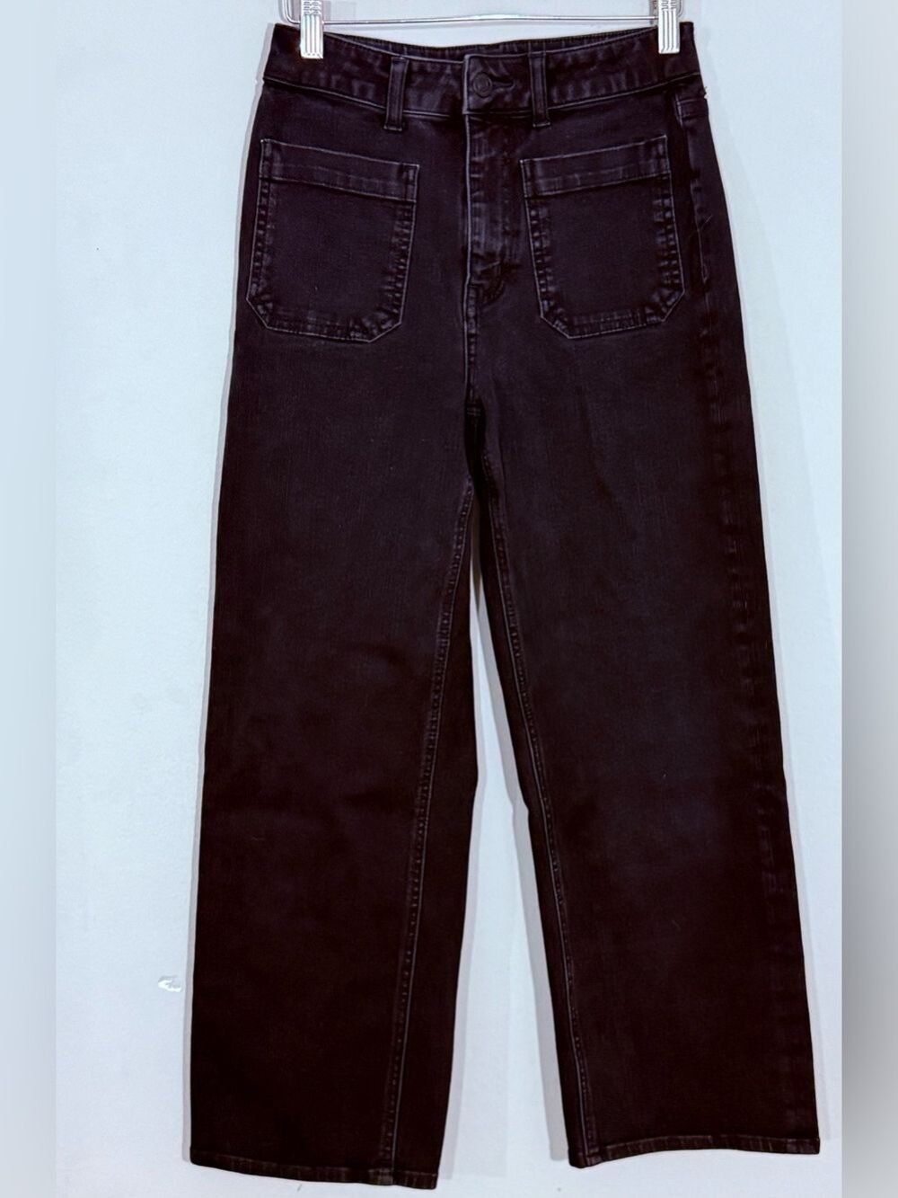 Quince Bella Stretch Patch Pocket Wide Leg Crop Jeans Womens 26 Black High Rise